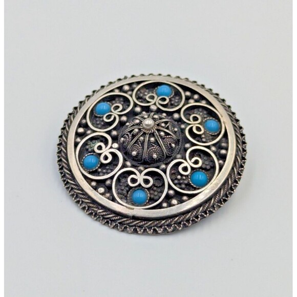 935 Sterling Silver Turquoise Jerusalem Israel Etruscan Revival Brooch Pendant - Picture 6 of 16
